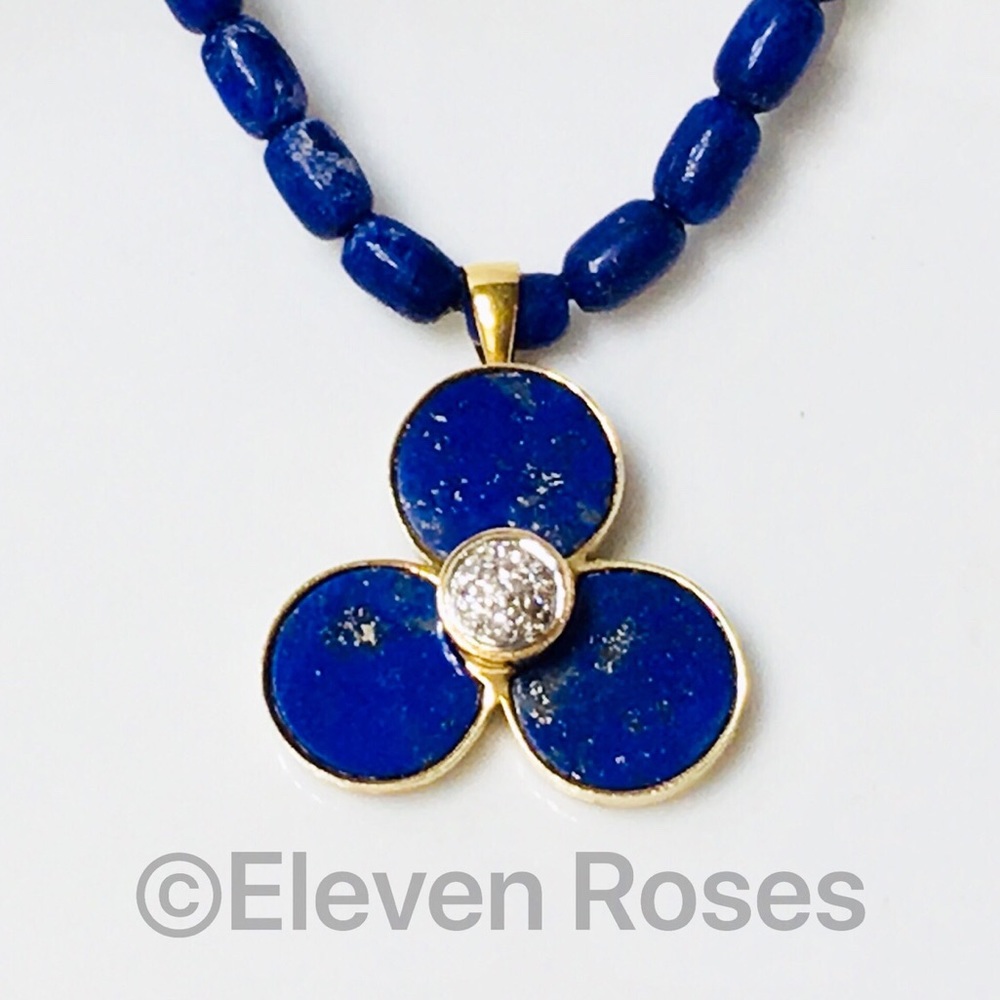 14k & 18k Gold Lapis Diamond Pendant Bead Necklace - Picture 6 of 6